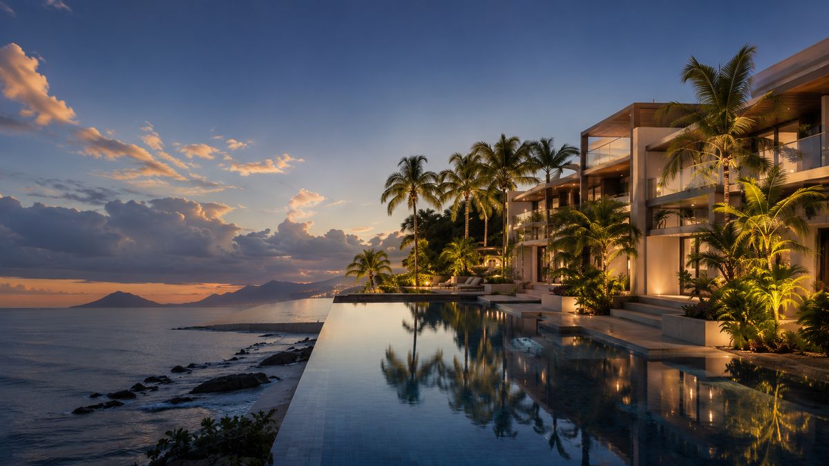Coastal residential development in Mauritius at dusk